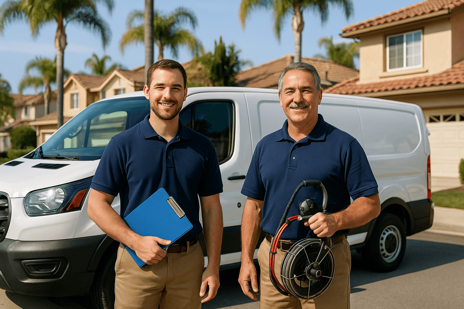 Two-person Tankless Flush Pro team standing in front of their service van in an Orange County neighborhood