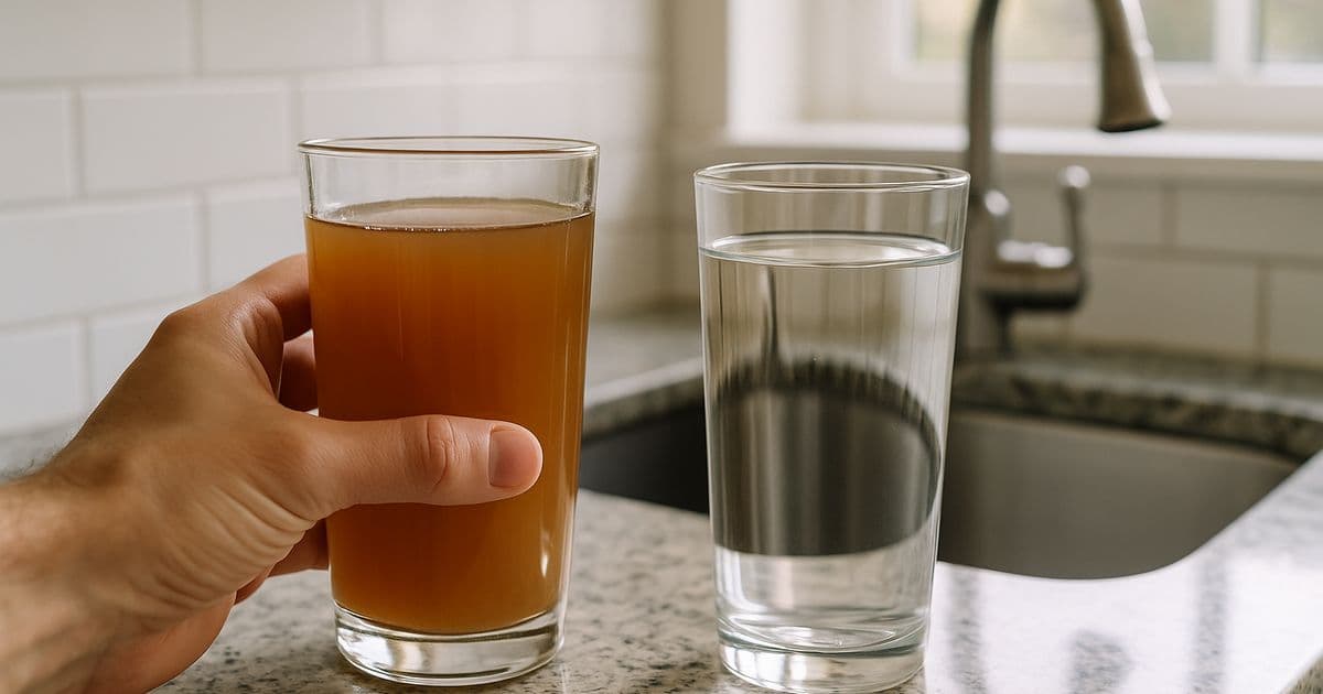Glass of discolored brownish water held up next to a glass of clear water from a kitchen faucet near a tankless water heater