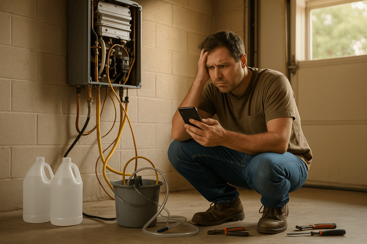Homeowner attempting a DIY tankless water heater flush with vinegar bottles and instructions in their garage