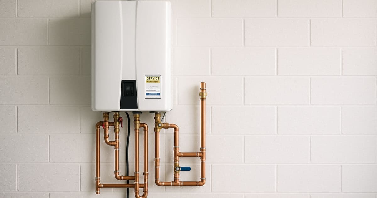 Well-maintained tankless water heater unit mounted on a wall showing clean connections and proper installation