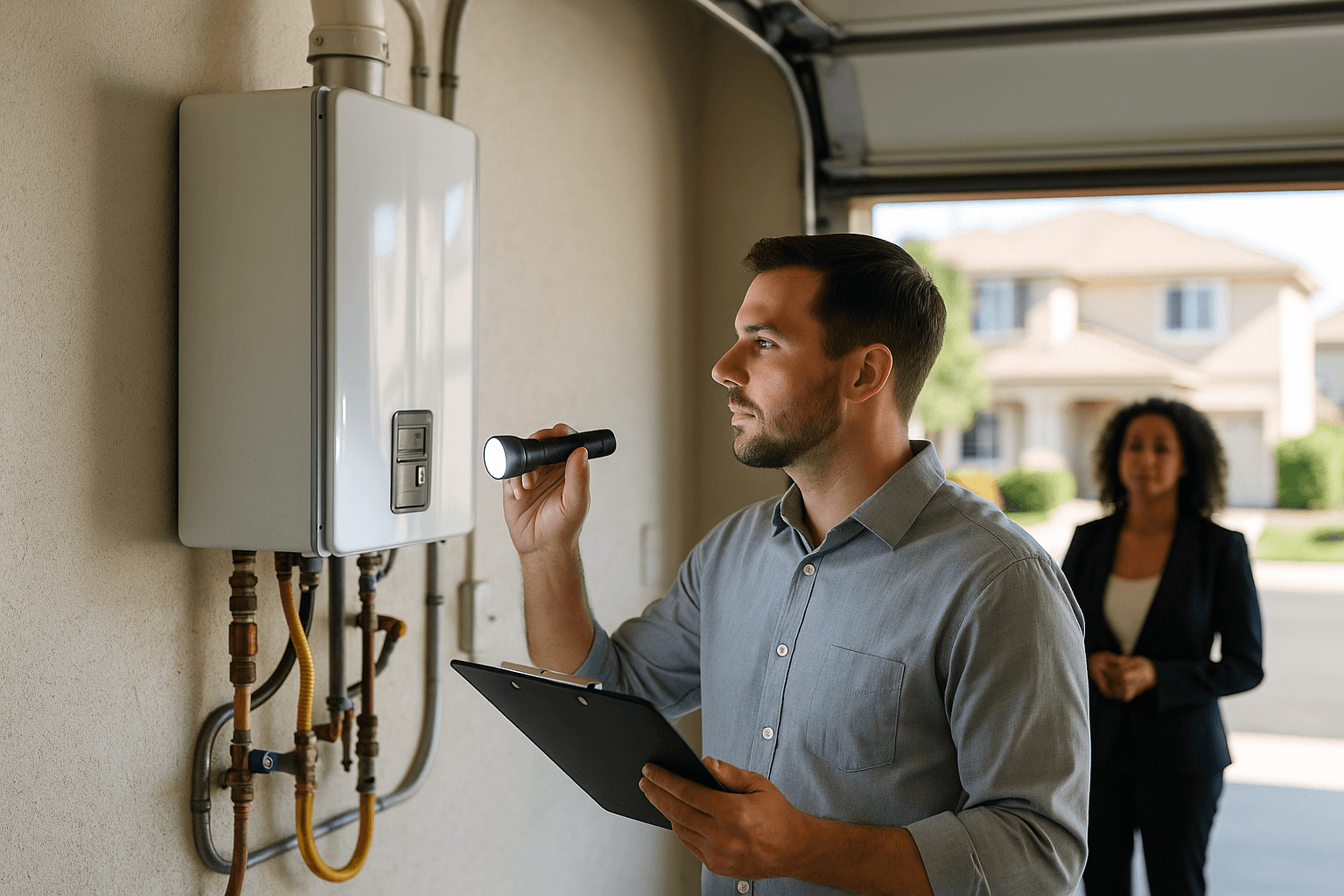 Home inspector examining a tankless water heater during a pre-sale inspection in an Orange County home