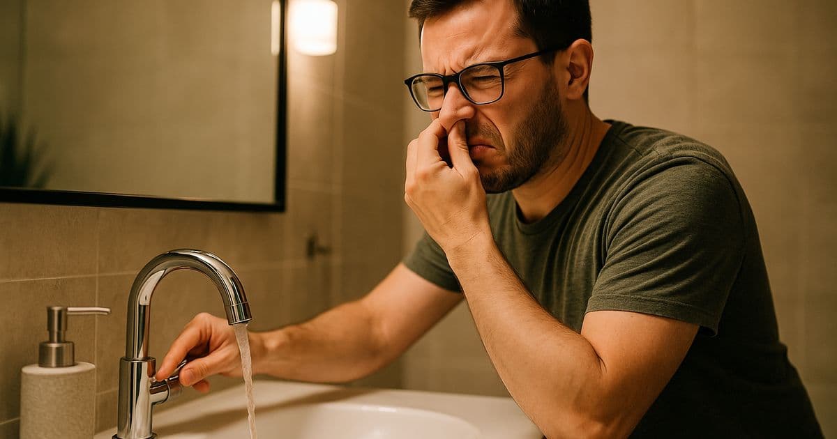 Homeowner reacting to a bad sulfur smell coming from hot water at a bathroom sink with a tankless water heater visible on the adjacent wall