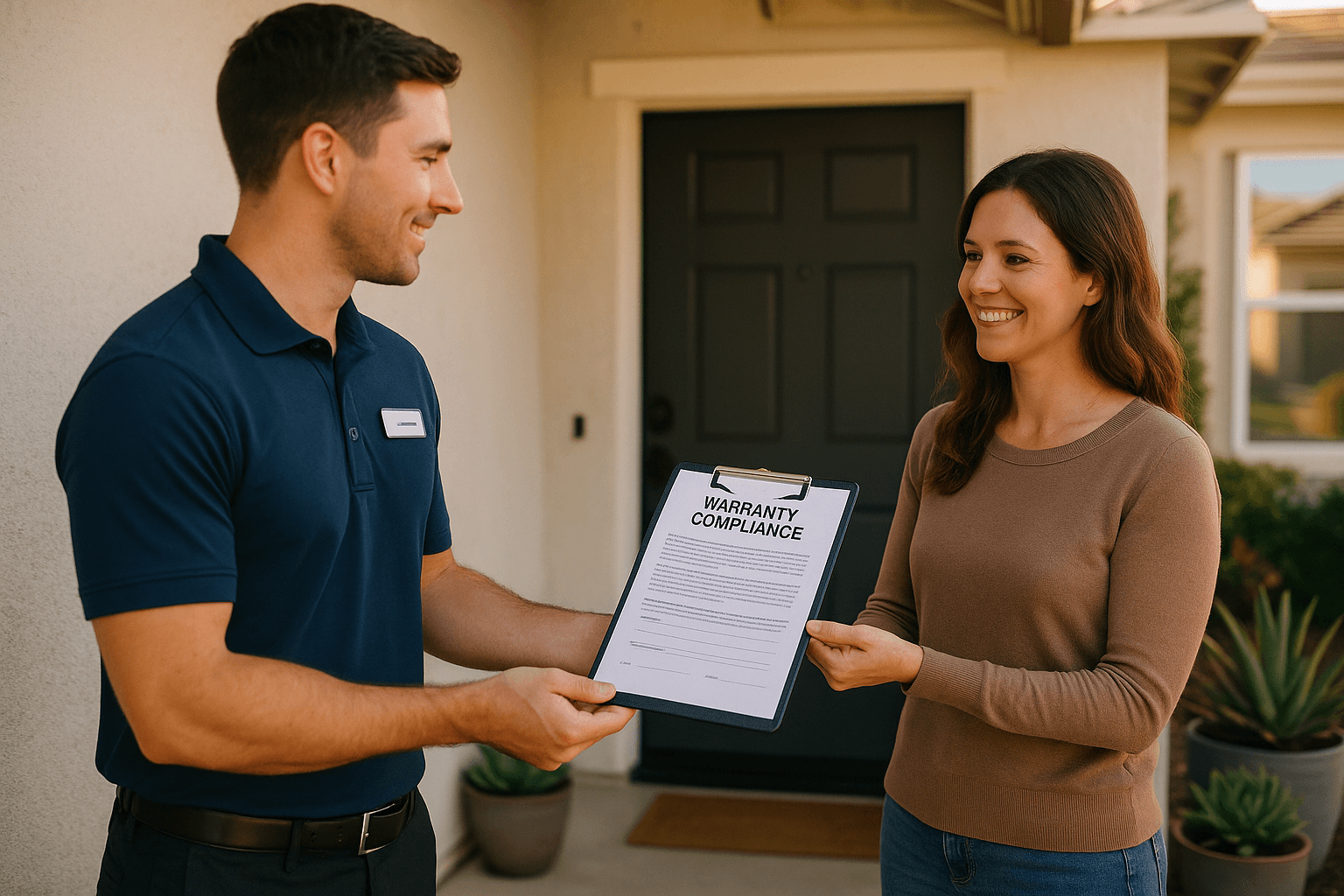 Professional technician handing warranty compliance documentation to a smiling homeowner at their front door