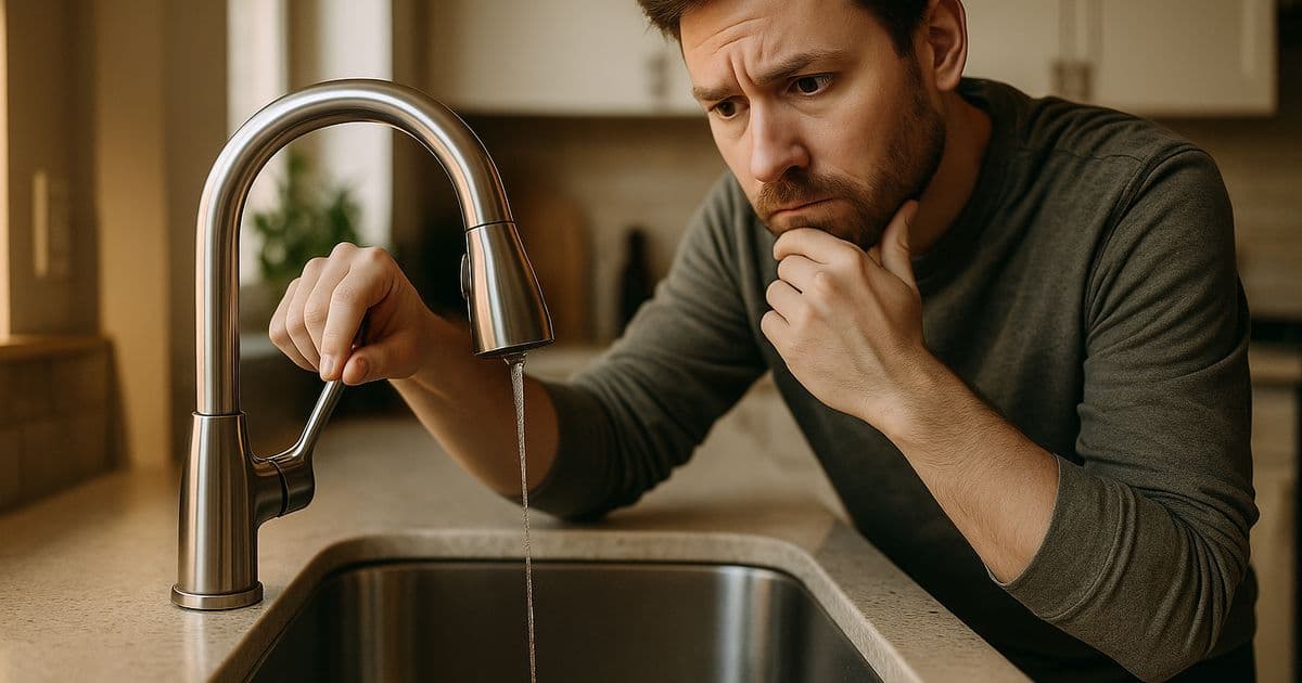 Homeowner testing weak hot water pressure from a kitchen faucet with a tankless water heater mounted on the wall in the background