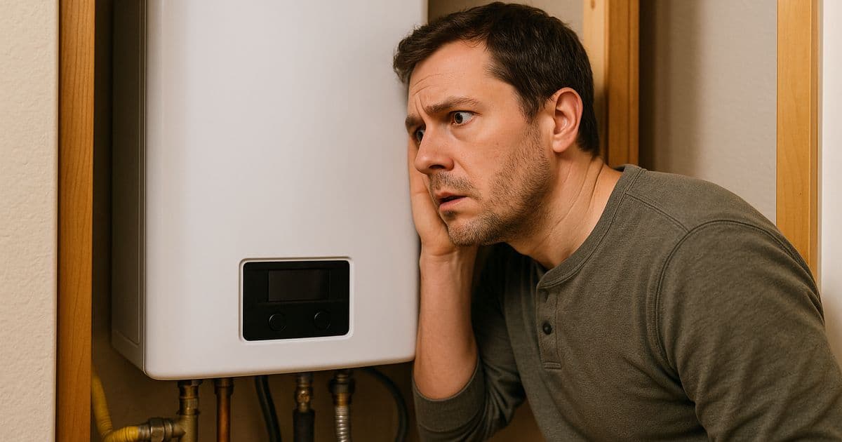 Close-up of a wall-mounted tankless water heater with a homeowner listening to unusual popping and banging sounds coming from the unit