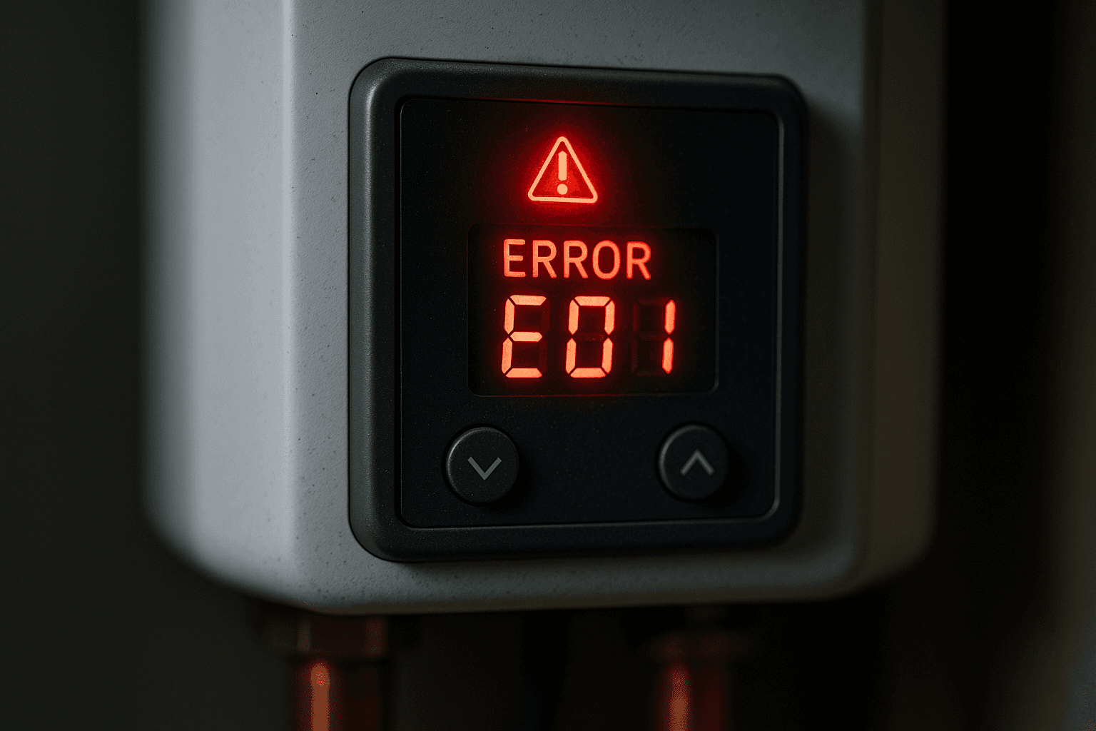 Tankless water heater display panel showing an error code with red warning light indicating the unit needs flushing