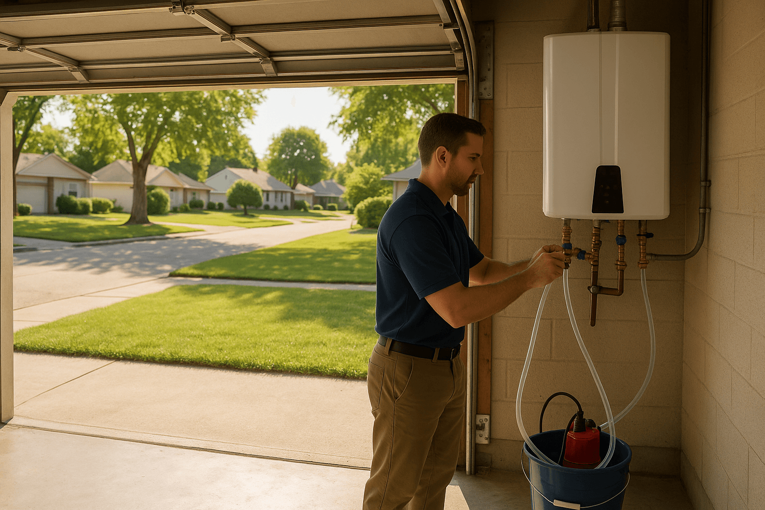 Professional technician flushing a tankless water heater at an Orange County home